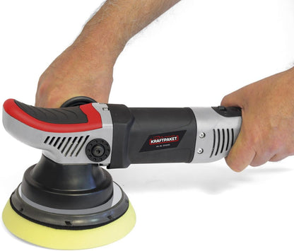 Dino KRAFTPAKET 640247 8 mm - 710 W excentrische polijstmachine met draaibeweging traploos in set met 125 mm polijstspons, 125 mm polijstschijf, tas voor auto en boot, grijs