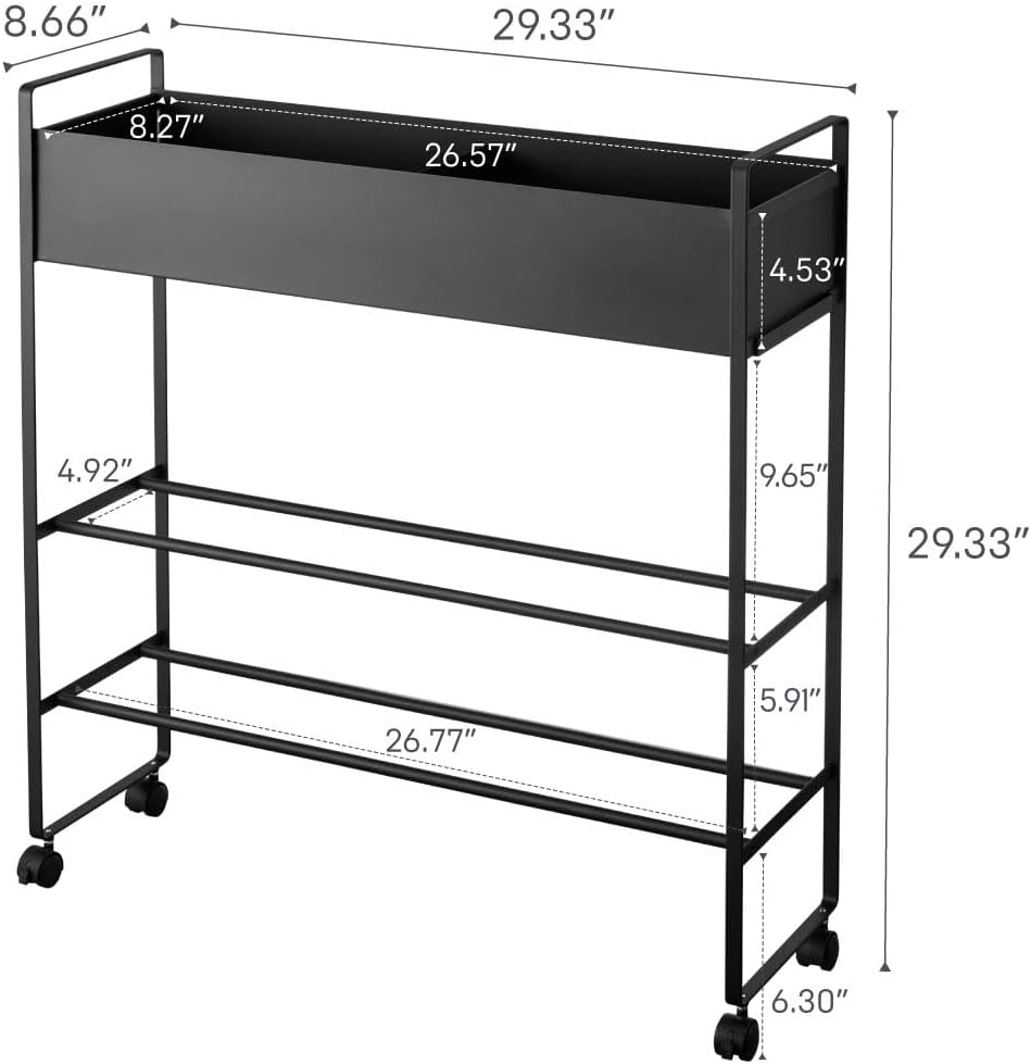 Yamazaki 5279 TOWER Storage Cart with Basket, black, Steel / Magnet Nylon, 74.5(without casters：70) x 22 x 74.5 cm