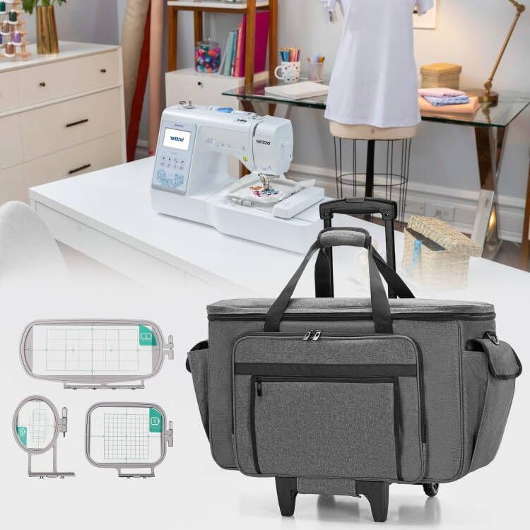 CURMIO Borduur- en Naaimachine Draagtas met Wielen, Rolbare Borduurmachine Tote Bag met Ondersteunende Bodemplaat voor Borduurmachine en Naaibenodigdheden, Grijs