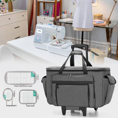 CURMIO Borduur- en Naaimachine Draagtas met Wielen, Rolbare Borduurmachine Tote Bag met Ondersteunende Bodemplaat voor Borduurmachine en Naaibenodigdheden, Grijs