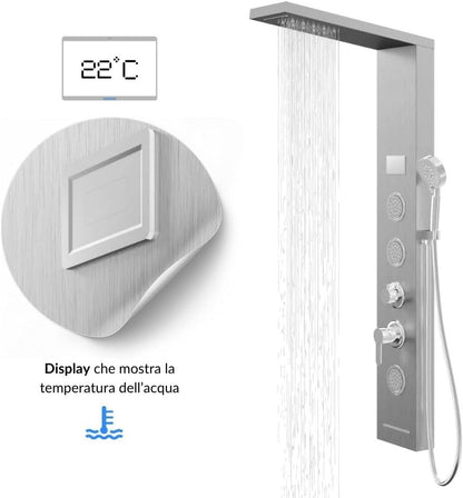 Douchepaneel Shine staal 4 functies LED-licht display temperatuureffect regen waterval antikalk (geborsteld chroom)