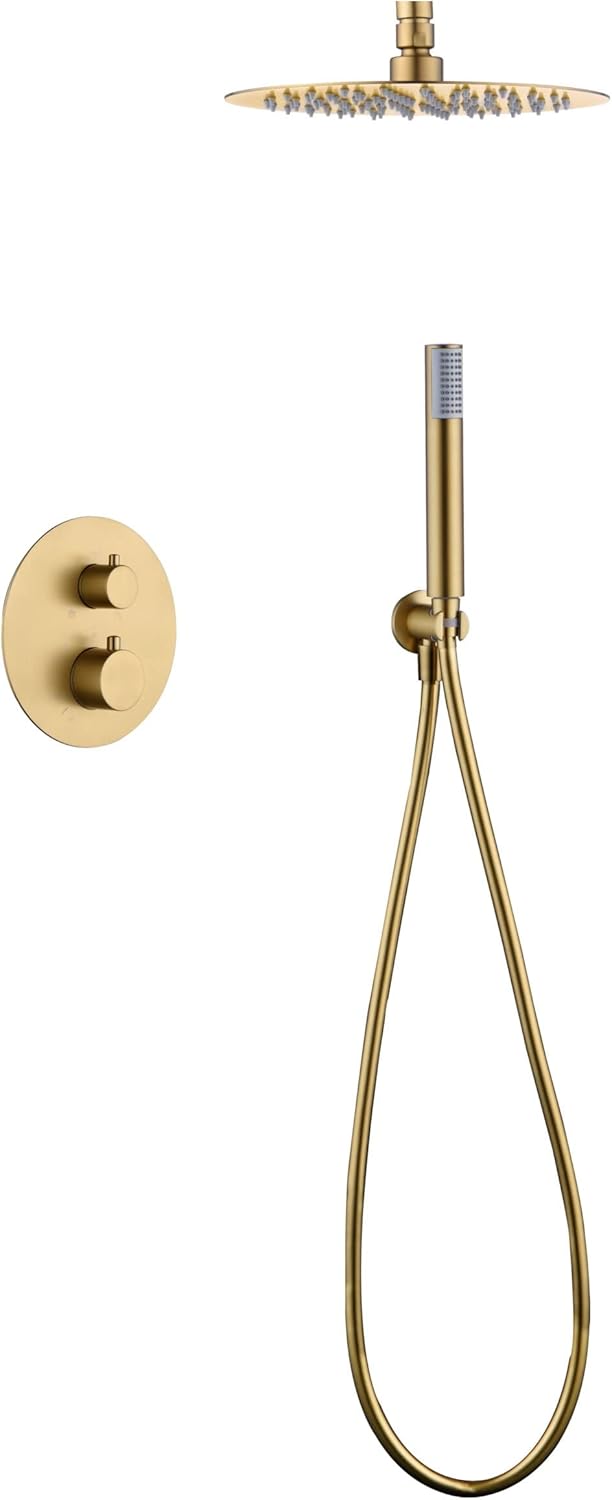 Thermostatische Inbouwdoucheset – Regendouche – Handdouche – Douchekraan – Douchegarnituur – Geborsteld Goud – 25 cm Ronde Douchekop – Zelfreinigend Thermostatisch Systeem