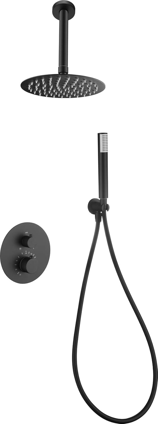 Thermostatische Doucheset – Regendouche – Plafondmontage Douche – Handdouche – Mengkraan – Mat Zwart – 25 cm Ronde Douchekop – Roestvrij Staal & Messing