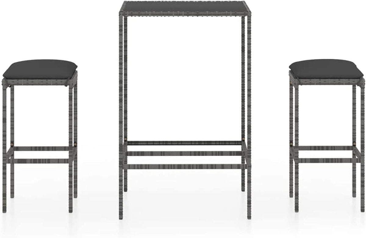 Tidyard 3 Piece Garden Bar Set with Cushion, Garden Bar, Seating Group, Garden Furniture Set, Bar Table, Bar Table, Counters, Hotable, Polyrattan, Grey - QUORE