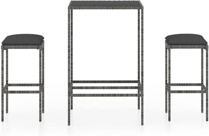 Tidyard 3 Piece Garden Bar Set with Cushion, Garden Bar, Seating Group, Garden Furniture Set, Bar Table, Bar Table, Counters, Hotable, Polyrattan, Grey - QUORE