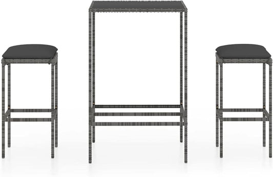 Tidyard 3 Piece Garden Bar Set with Cushion, Garden Bar, Seating Group, Garden Furniture Set, Bar Table, Bar Table, Counters, Hotable, Polyrattan, Grey - QUORE