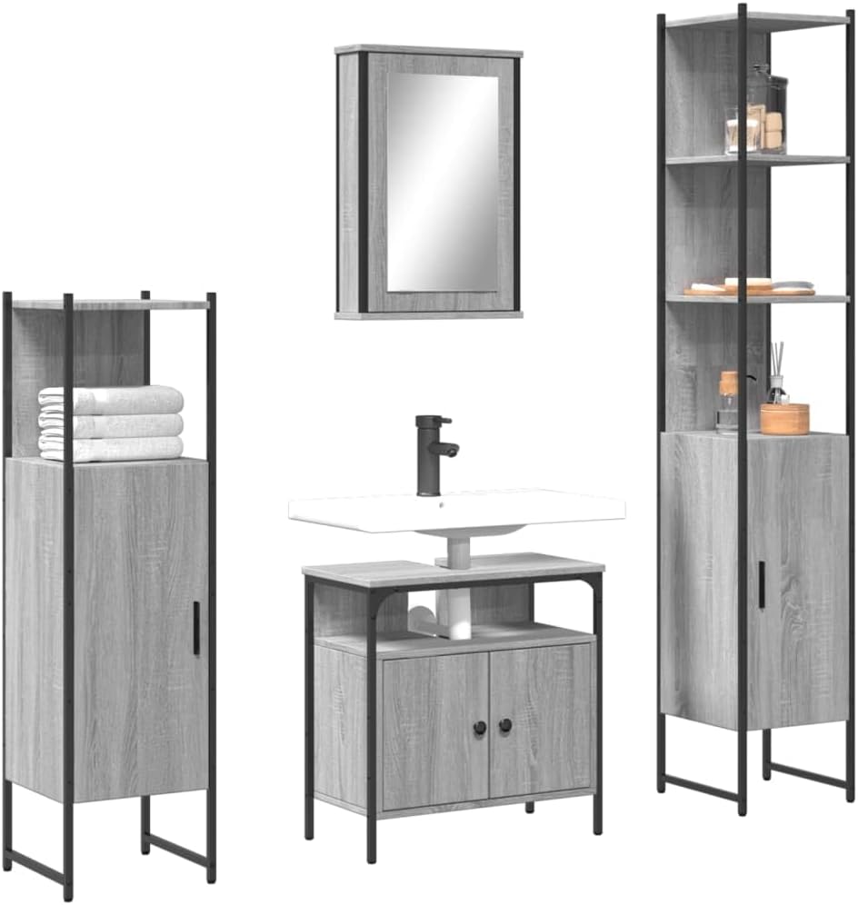 vidaXL 4 Piece Bathroom Furniture Set Processed Wood Grey Sonoma Oak Colour, Bathroom Set, Bathroom Cabinet, Vanity Unit, Washbasin, Bathroom Cabinet - QUORE
