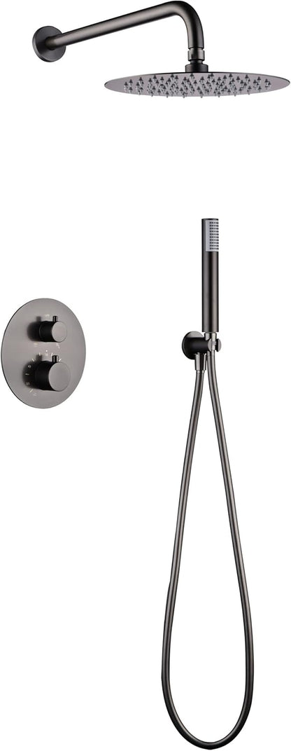 Thermostatische Douche Set – Douchekraan – Regendouche – Handdouche – Douche Thermostaat – Zwarte Gun Metal – Thermostaat met 2-weg Omschakeling – Ø 25 cm Regendouche