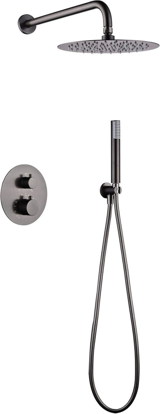 Thermostatische Douche Set – Douchekraan – Regendouche – Handdouche – Douche Thermostaat – Zwarte Gun Metal – Thermostaat met 2-weg Omschakeling – Ø 25 cm Regendouche