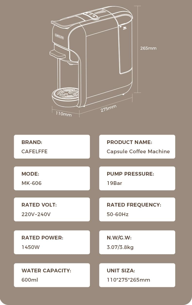 CAFELFFE MK-606 5-in-1 koffiemachine, espressomachine, 19 bar, warm-/koudgezette espressomachine, compatibel met K-Cup/Nes Original/DG/44 mm ESE en gemalen, 7 waterniveaus, thuis/kantoor, zwart