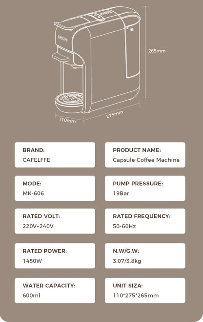 CAFELFFE MK-606 5-in-1 koffiemachine, espressomachine, 19 bar, warm-/koudgezette espressomachine, compatibel met K-Cup/Nes Original/DG/44 mm ESE en gemalen, 7 waterniveaus, thuis/kantoor, zwart