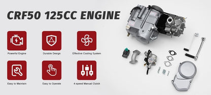 125cc engine 4-stroke engine 4-speed manual clutch motor pitbike engine CDI cylinder 125cc engine Dirt Bike Engine Kickstarter 125cc engine 9.0:1 compression ratio & PZ16J carburetor - QUORE