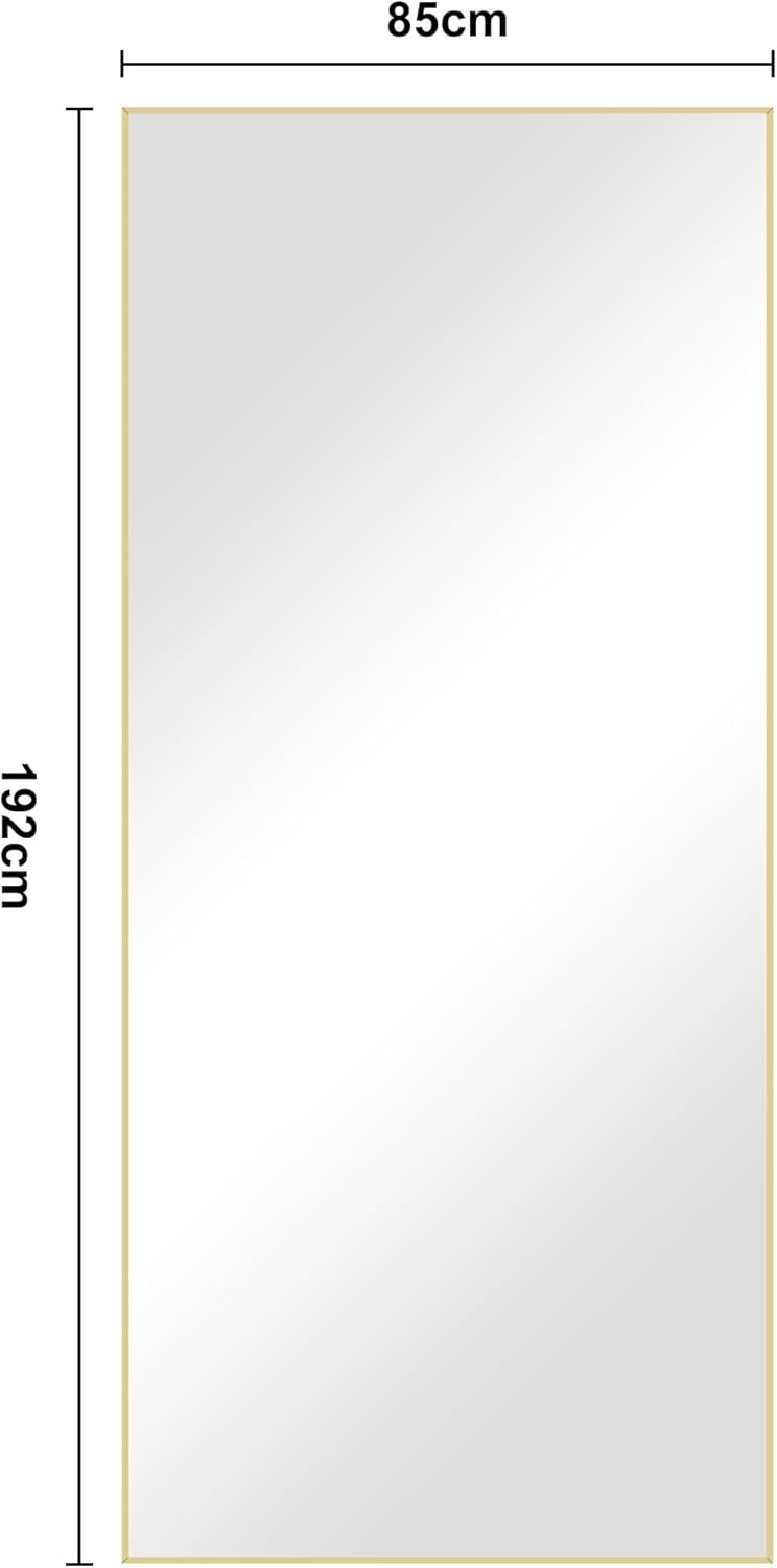 Rechthoekige full-body spiegel, 192 x 85 cm staande spiegel met gouden aluminium frame, grote wandspiegel vloerspiegel voor slaapkamer, entree, hal, woondecoratie