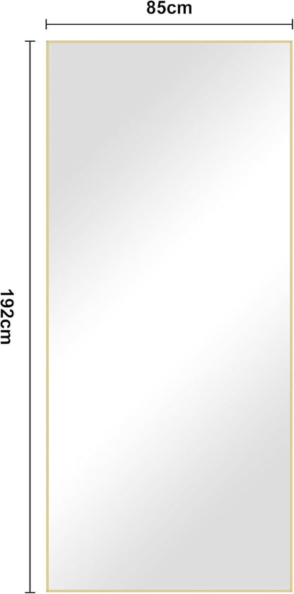 Rechthoekige full-body spiegel, 192 x 85 cm staande spiegel met gouden aluminium frame, grote wandspiegel vloerspiegel voor slaapkamer, entree, hal, woondecoratie