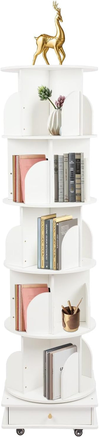 Rotating Bookshelf Kids Rotating Round Corner Shelf Floor Standing Storage Rack Multifunctional Display Organization Tool for Home, Office, 360 Degrees, 5 Floors, 173 cm (White) - QUORE