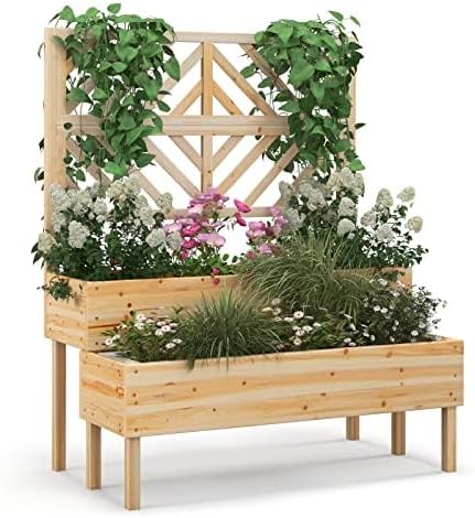 FANTASK Bloembak met latwerk van dennenhout, tuinspalier met 2 rankkasten, plantenbak voor klimplanten, verhoogd bloembed met rankrooster en drainagegat (natuur)