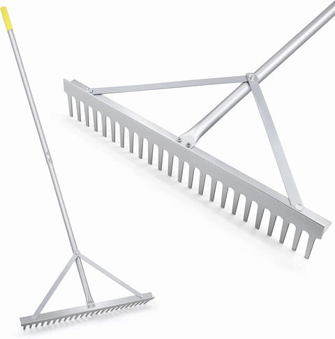 Tuinhark - Landschapshark - Bladharken - Screening Rake - 24 Tines - 24inch Head - 68inch Handvat - voor Strand - Gazon Onderhoud - Aluminium - Zilver