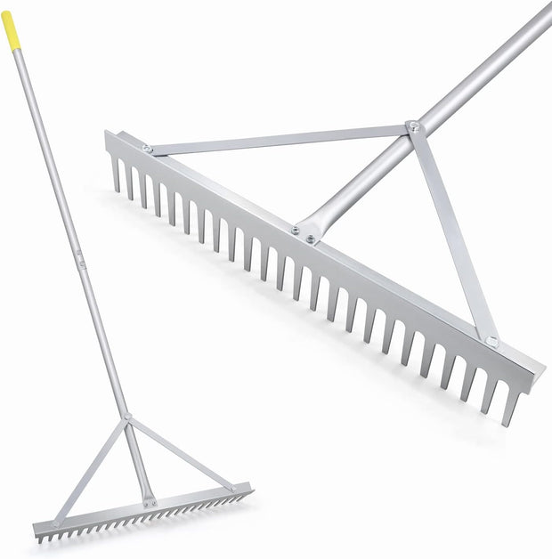 Tuinhark - Landschapshark - Bladharken - Screening Rake - 24 Tines - 24inch Head - 68inch Handvat - voor Strand - Gazon Onderhoud - Aluminium - Zilver