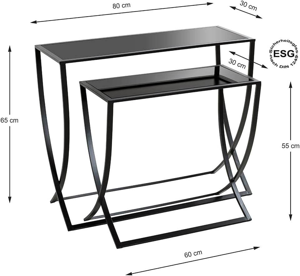 HAKU Bijzettafel set van 2 zwart, Metaal, veiligheidsglas - Maat: B 60/80 cm x H Beistelltisch 2er Set/65 cm x D 30/30 cm, Stijl: Modern
