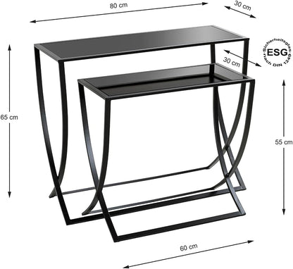 HAKU Bijzettafel set van 2 zwart, Metaal, veiligheidsglas - Maat: B 60/80 cm x H Beistelltisch 2er Set/65 cm x D 30/30 cm, Stijl: Modern