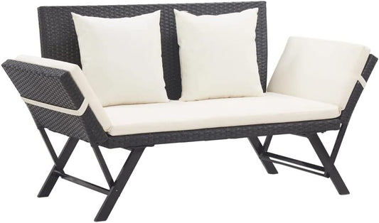vidaXL Garden Bench with Cushions Sofa Outdoor Bench Garden Furniture Sofa Furniture Outdoor Bench Outdoor Furniture Bench Garden Benches Furniture Poly Rattan Black - QUORE