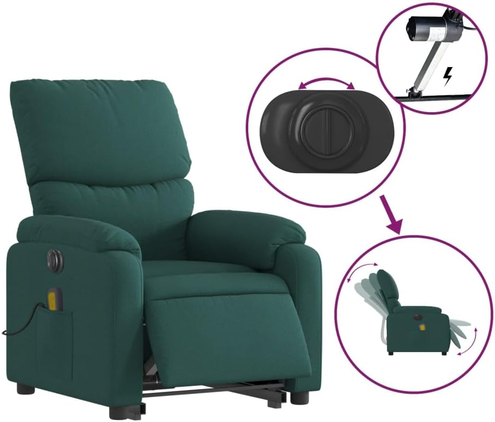 Elektrische Massagestoel – Sta-Op Stoel – Relaxstoel – TV Stoel – Elektrische Relaxstoel – 6-Punts Vibratiemassage – Elektrisch Verstelbare Rugleuning Tot 135° – Donkergroen Stof