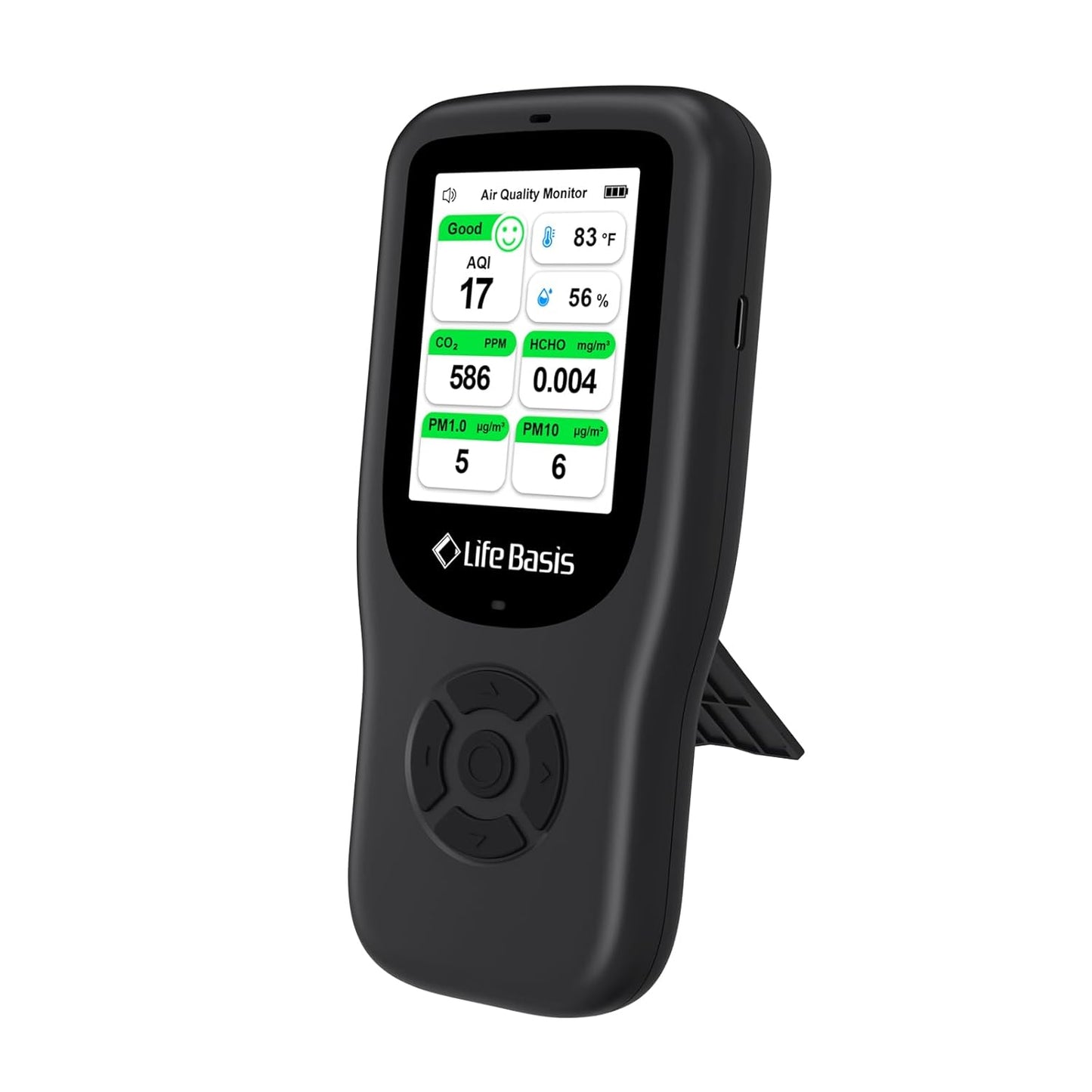 LifeBasis 10-in-1 luchtkwaliteitsdetector, formaldehyde-detector, AQI-vervuilingsmonitor met temperatuur en luchtvochtigheid, voor het testen van PM2.5/PM10/HCHO/TVOC/CO2, USB-opladen, voor thuis en