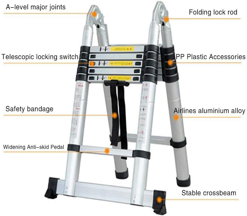 5 m vouwladder, telescopische ladder met rubberen glijbaan, multifunctionele ladder, staande ladder, uittrekbaar, 150 kg, van aluminium