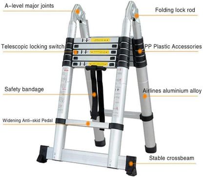 5 m vouwladder, telescopische ladder met rubberen glijbaan, multifunctionele ladder, staande ladder, uittrekbaar, 150 kg, van aluminium