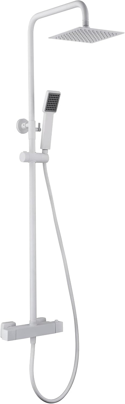 Thermostatische Douchekolom – Douchegarnituur – Douchekraan – Douchepaneel – Douche Set – Mat Wit – Roestvrij Staal – 20 cm Vierkante Douchekop