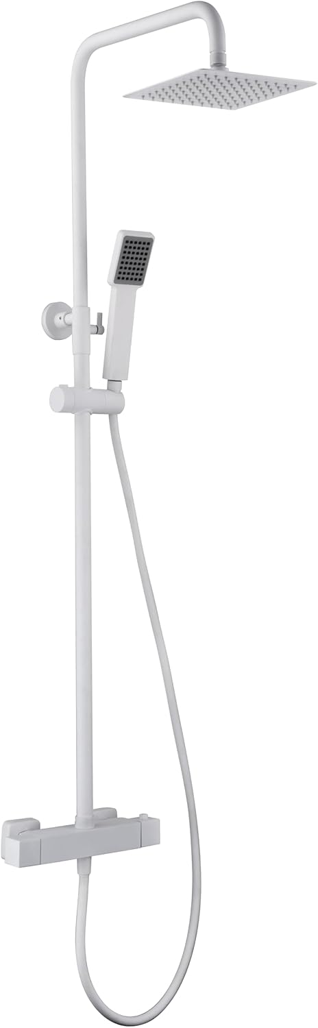 Thermostatische Douchekolom – Douchegarnituur – Douchekraan – Douchepaneel – Douche Set – Mat Wit – Roestvrij Staal – 20 cm Vierkante Douchekop
