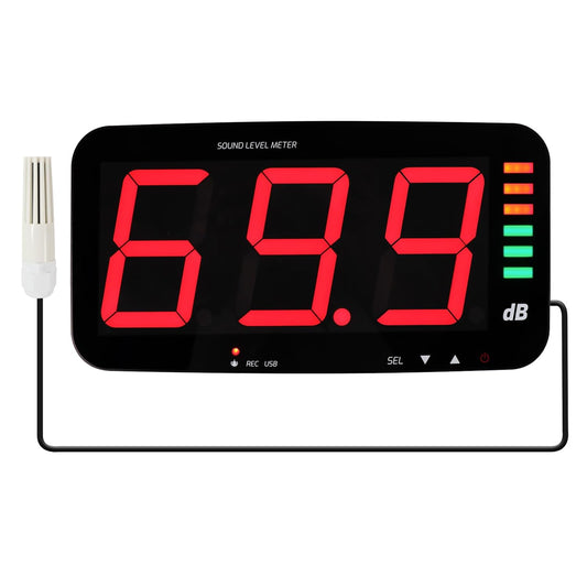 Decibel geluidsniveaumeter om op te hangen aan de muur, geluidsniveaumeter met 16,4 voet geluidssensor, akoestisch en visueel alarm geluidsmeter voor het bewaken van het niveau van