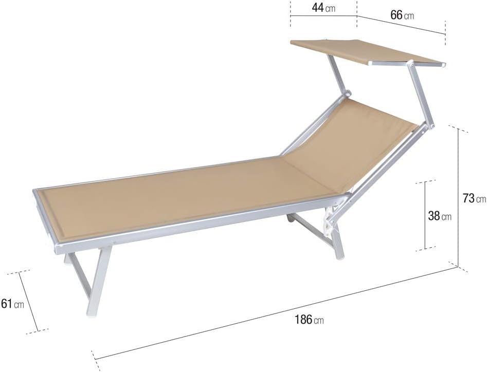 VERDELOOK Strandstoel met zonnedak, frame van aluminium, bespanning van textiel, 186 x 61 x 38 cm, zandkleurig