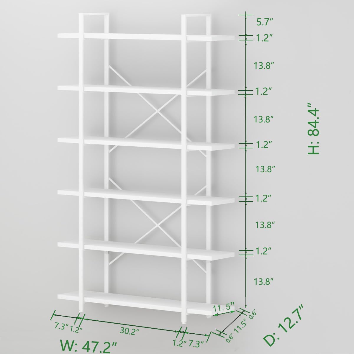 HSH Boekenkast met 6 niveaus, industriële opslag, metaal en hout, stabiel, duurzaam, voor woonkamer, kantoor, thuis, wit