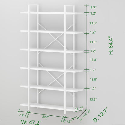 HSH Boekenkast met 6 niveaus, industriële opslag, metaal en hout, stabiel, duurzaam, voor woonkamer, kantoor, thuis, wit