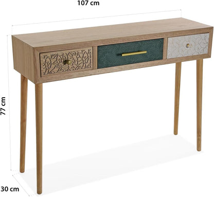 Versa Bridge Smalle hal of vestibule Entree hal meubilair, Console Tafel, met 3 lades, Afmetingen (H x B x H) 77 x 30 x 107 cm, Hout, Kleur Wit, Groen en Bruin