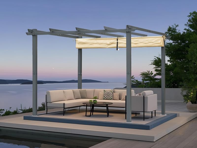 Angel Living Aluminium Pergola with Retractable Roof, Elegantly Designed Pavilion, Arbor with Water and UV Resistant Polyester Cloth, for Outdoor Use (Beige, 3x3m) - QUORE