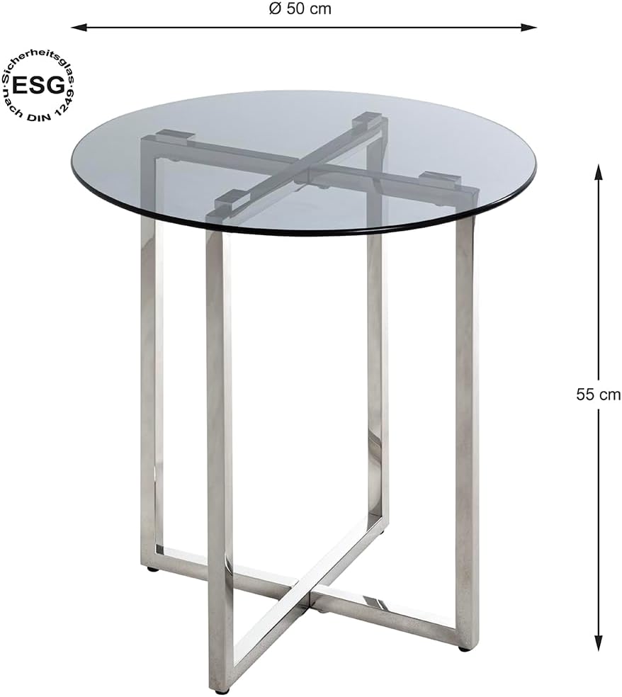 HAKU Bijzettafel roestvrij staal, grijs, Roestvrij staal, veiligheidsglas 8 mm - Maat: H 55 cm x Ø 50 cm, Stijl: Art Deco