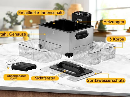 Friteuse, 5 liter friteuse met koude vetzone, 2000 W oliefriteuse, temperatuurregelaar, traploze temperatuurregelaar tot 190 °C, roestvrij staal XL friteuse met 3 frituurmanden, Deep Fryer voor