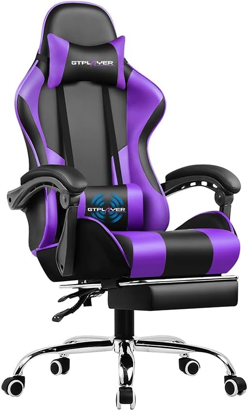 GTPLAYER Game Chair Massage, Gaming Office Chair Ergonomic with Footrest, Adjustable Headrest and Lumbar Support, Height Adjustable,Purple Leather Variant - QUORE
