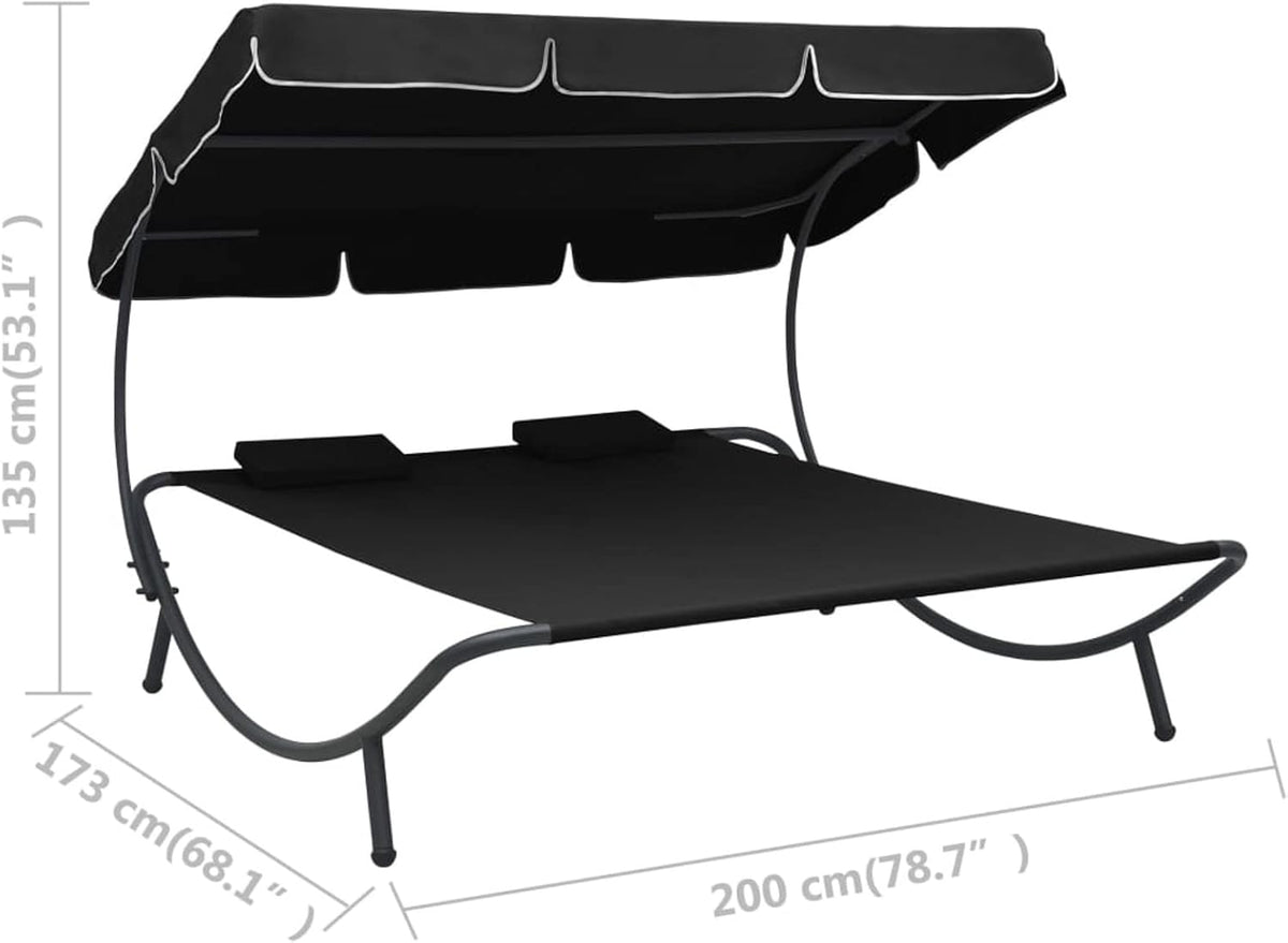 Gecheer Outdoor Sun Lounger with Awning and Cushion Black Outdoor Sunbathing Beach Lounger Relaxation Camping Balcony Pool - QUORE