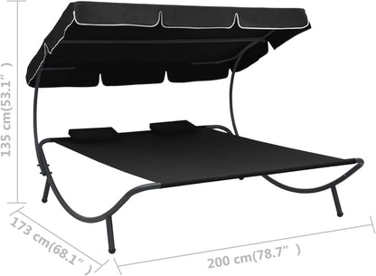 Gecheer Outdoor Sun Lounger with Awning and Cushion Black Outdoor Sunbathing Beach Lounger Relaxation Camping Balcony Pool - QUORE