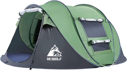 HEWOLF Pop-up tent voor 2-4 personen, campingtent met voortent, automatisch, ultralichte familietent, secondentent, zonwering, cabana-tent voor outdoor, camping, festival, groot legergroen