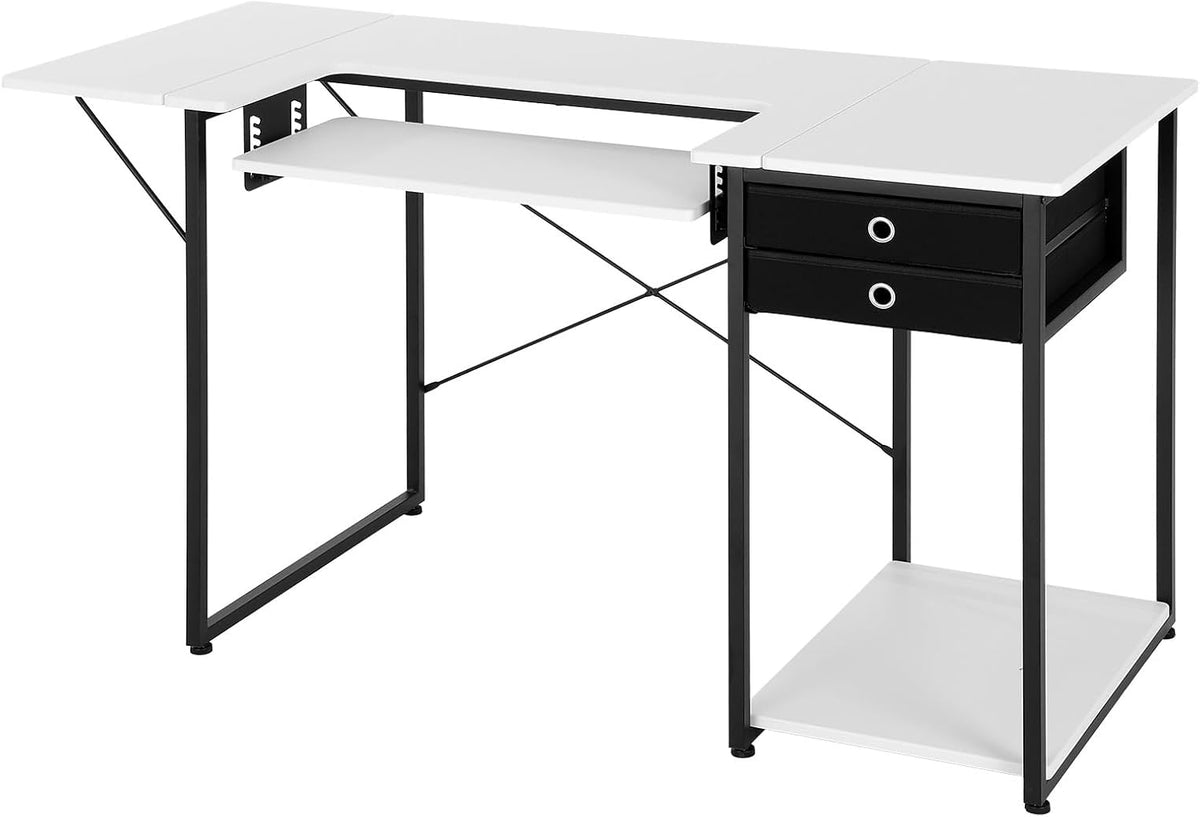 VEVOR Naaitafel, multifunctionele naaimachinetafel met opvouwbare zijplank, verstelbare plank, stalen poten, computerbureau voor thuis, modestudio, kunststudio, onderwijsinstelling, wit