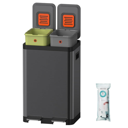 Mbillion Vuilnisemmer voor in de keuken, 2 vakken, afvalscheidingssysteem, roestvrij staal, met uitneembare binnenemmers, voor thuis, kantoor, 20 + 20 l, zwart