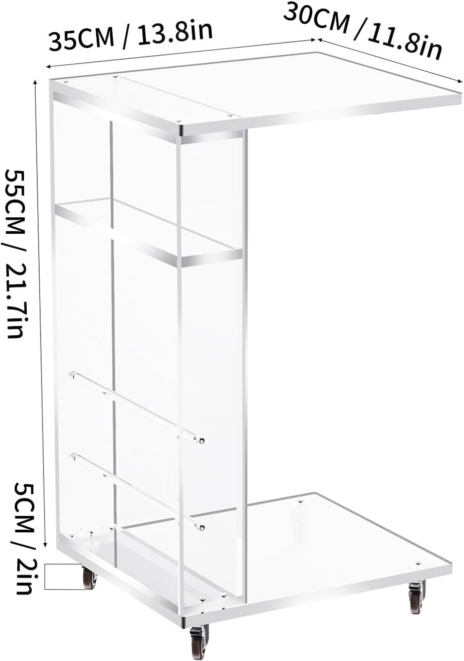 Duidelijke Acryl Bijzettafel op Afsluitbare Wielen, C-vormige Eindlijst voor Bank, Kleine Salontafels voor Kleine Ruimten (Doorzichtig), SFCJ01001