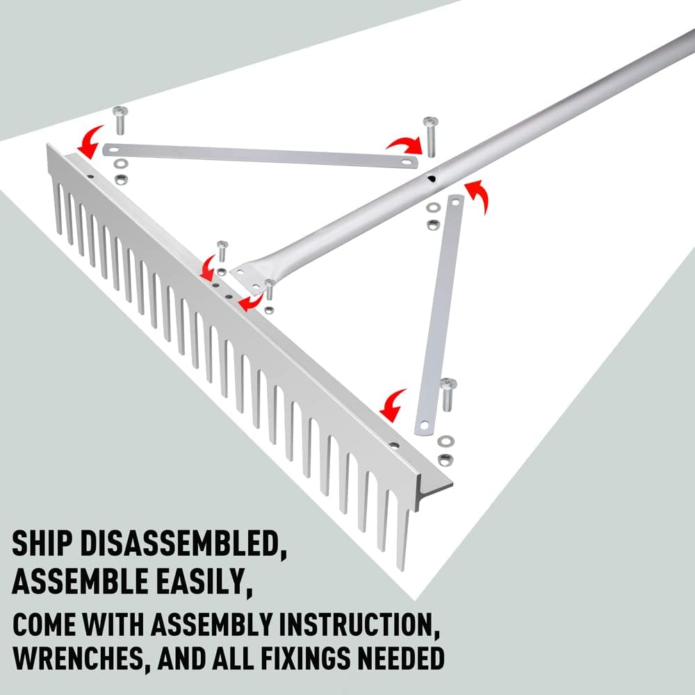 Tuinhark - Landschapshark - Bladharken - Screening Rake - 24 Tines - 24inch Head - 68inch Handvat - voor Strand - Gazon Onderhoud - Aluminium - Zilver