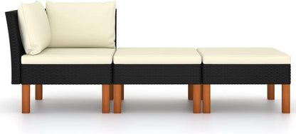 3-Piece Garden Lounge Set Poly Rattan and Eucalyptus Solid Wood Stool Sofa Dining Set with Corner Sofa and Table - QUORE