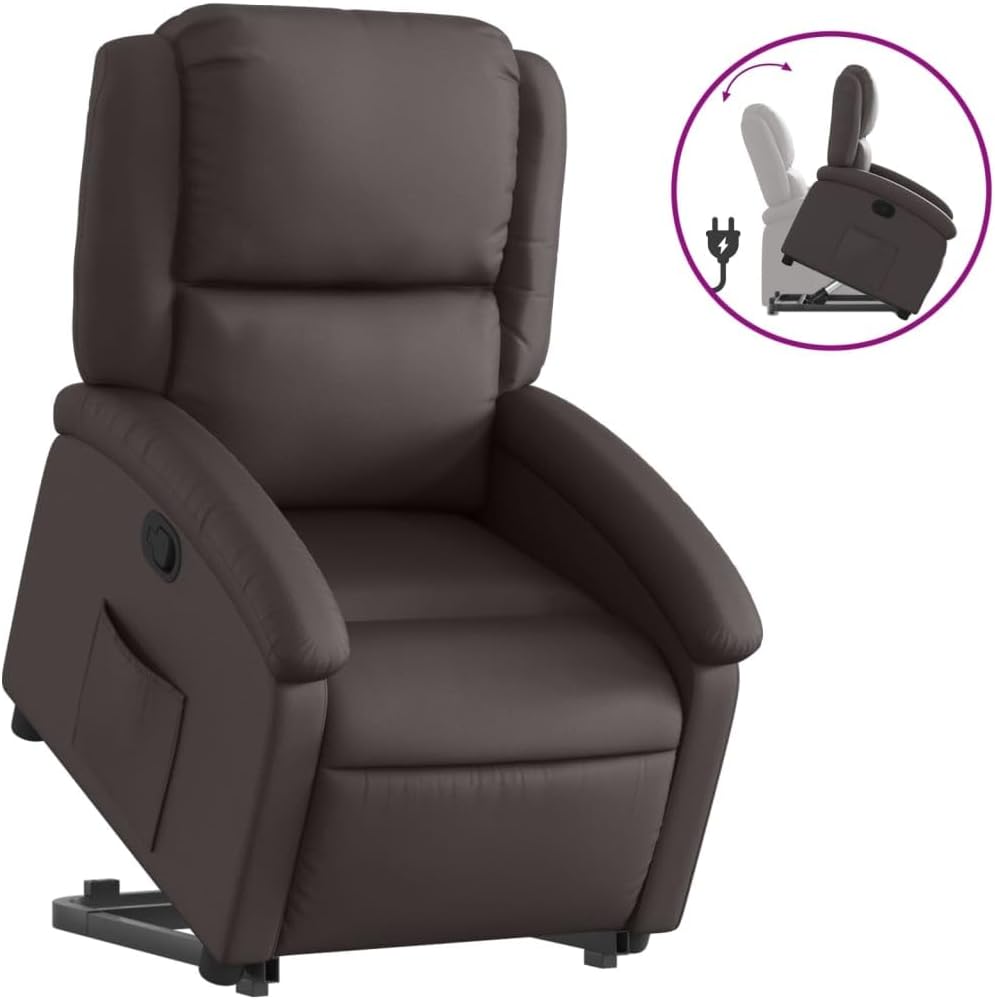 Relaxstoel met opstahulp – Tv-stoel – Ligstoel – Relaxfauteuil – Elektrische stoel – Donkerbruin Echt Leer – Elektrische Opstahulp – Handmatige Ligfunctie