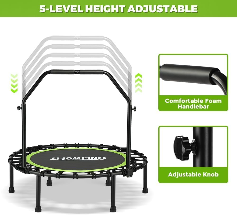 Trampoline – Opvouwbare Trampolinespringer – Fitness Rebounder – Indoor Buitenspeelgoed – Trainingsapparaat – Compact Draagbaar – Stabiel & Stil – Verstelbare Handrail & 8mm Elastische Bungeekoorden - QUORE